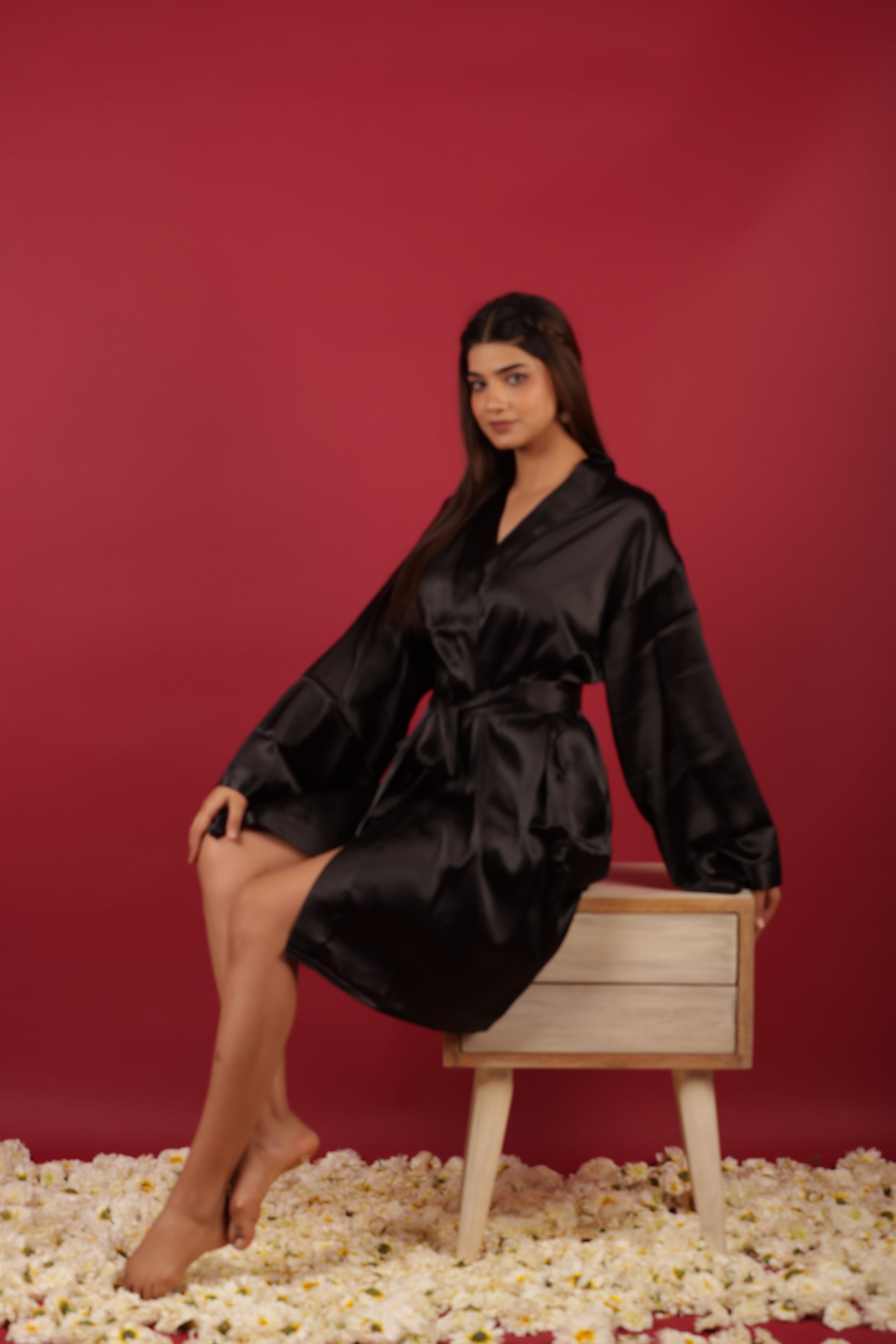Black Satin Kimono Resort Dressing Gown Bathrobe For Her